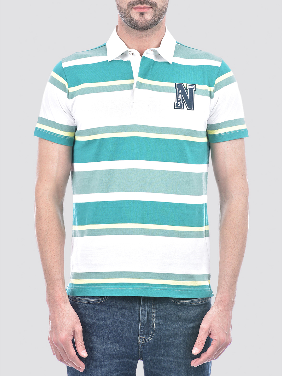 Numero Uno Men Green Striped Polo T-Shirt